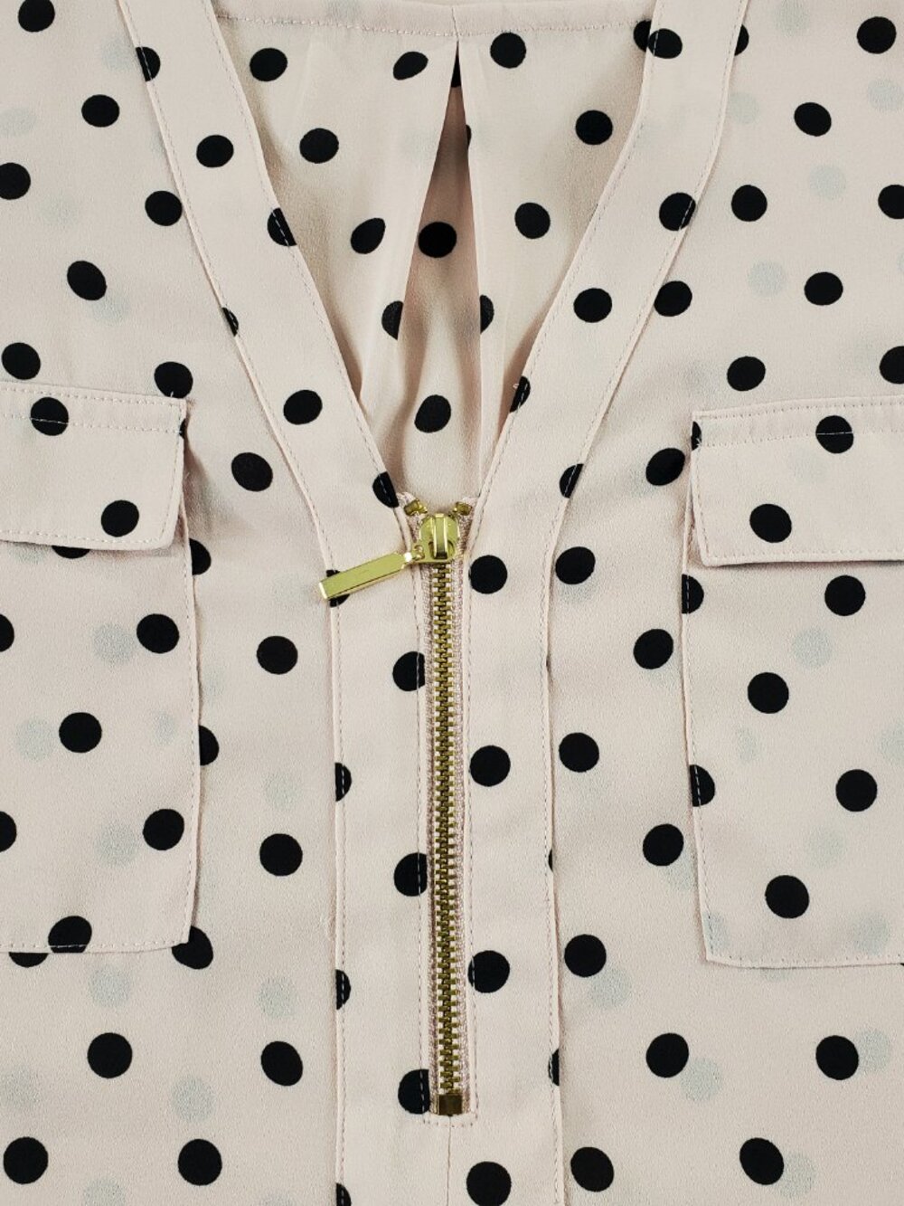 Express Sheer Blouse Large Pink/Black Polka Dot Zip V-Neck Roll Tab Sleeve - Picture 7 of 12